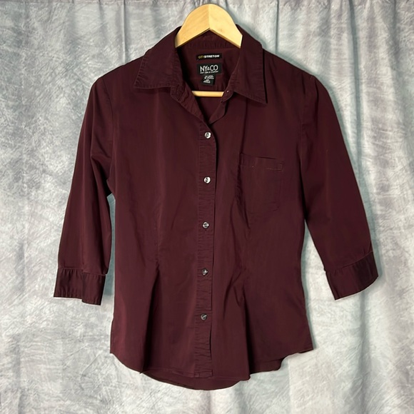 NY&CO New York & Company City Stretch Deep Wine 3/4 Sleeve Button Down Shirt - M - Picture 6 of 9